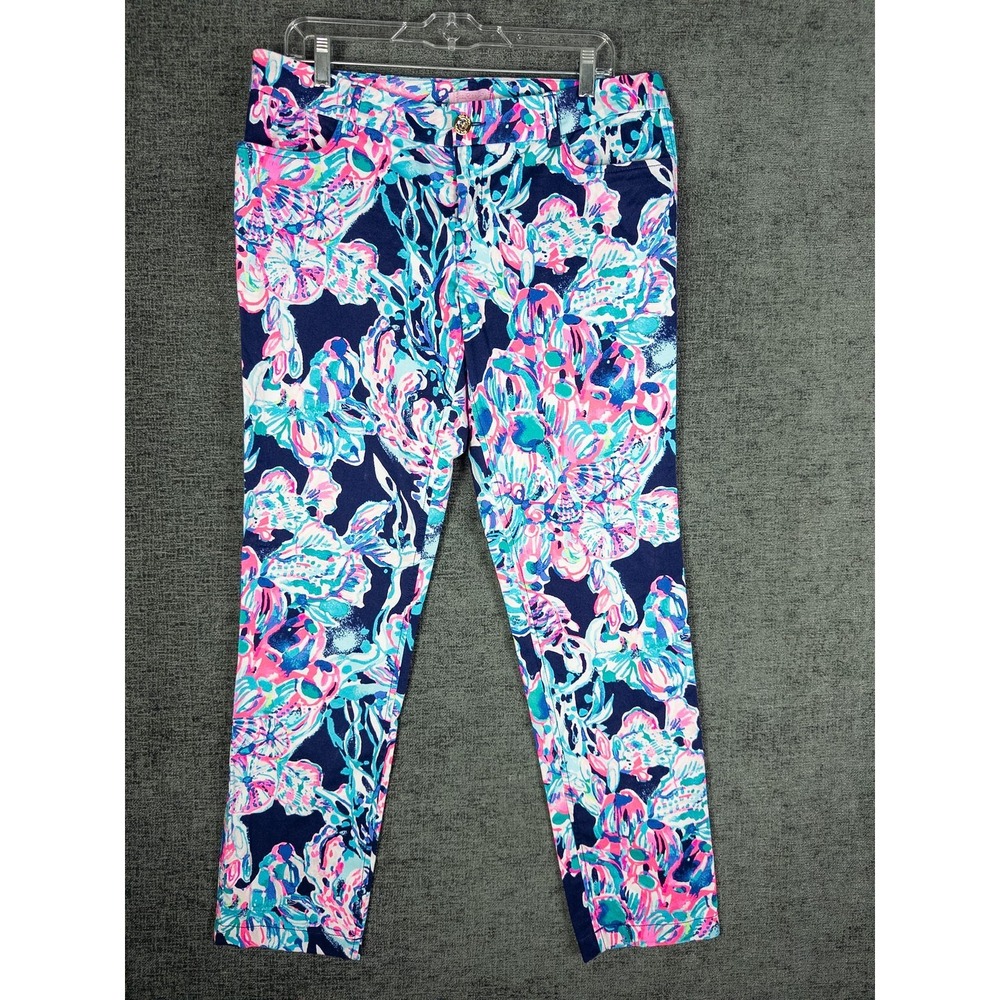 Lilly Pulitzer Ankle Pants Womens 12 Navy Blue Floral Print Cotton Stretch Prepp